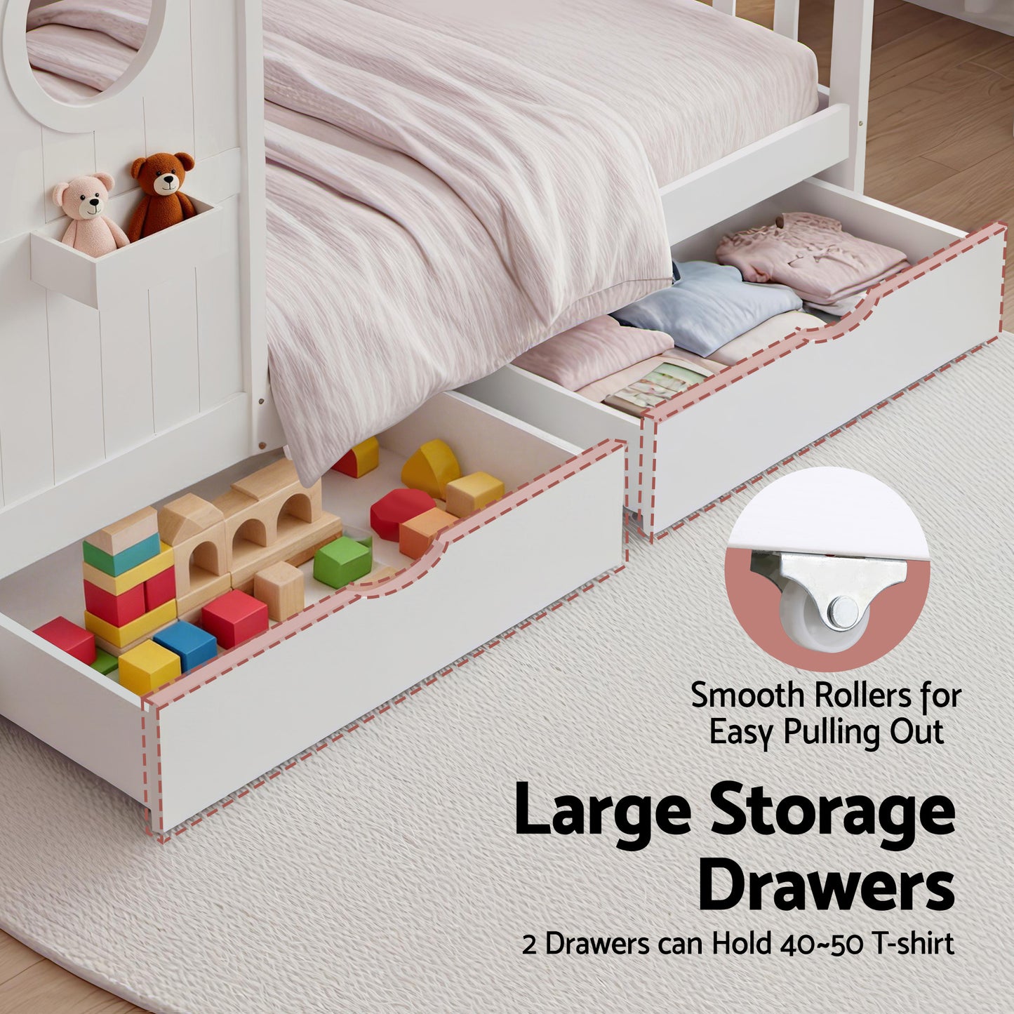 Artiss Montessori House Bed with Storage Drawers & Bookshelf – Kids Single Floor Bed Frame White