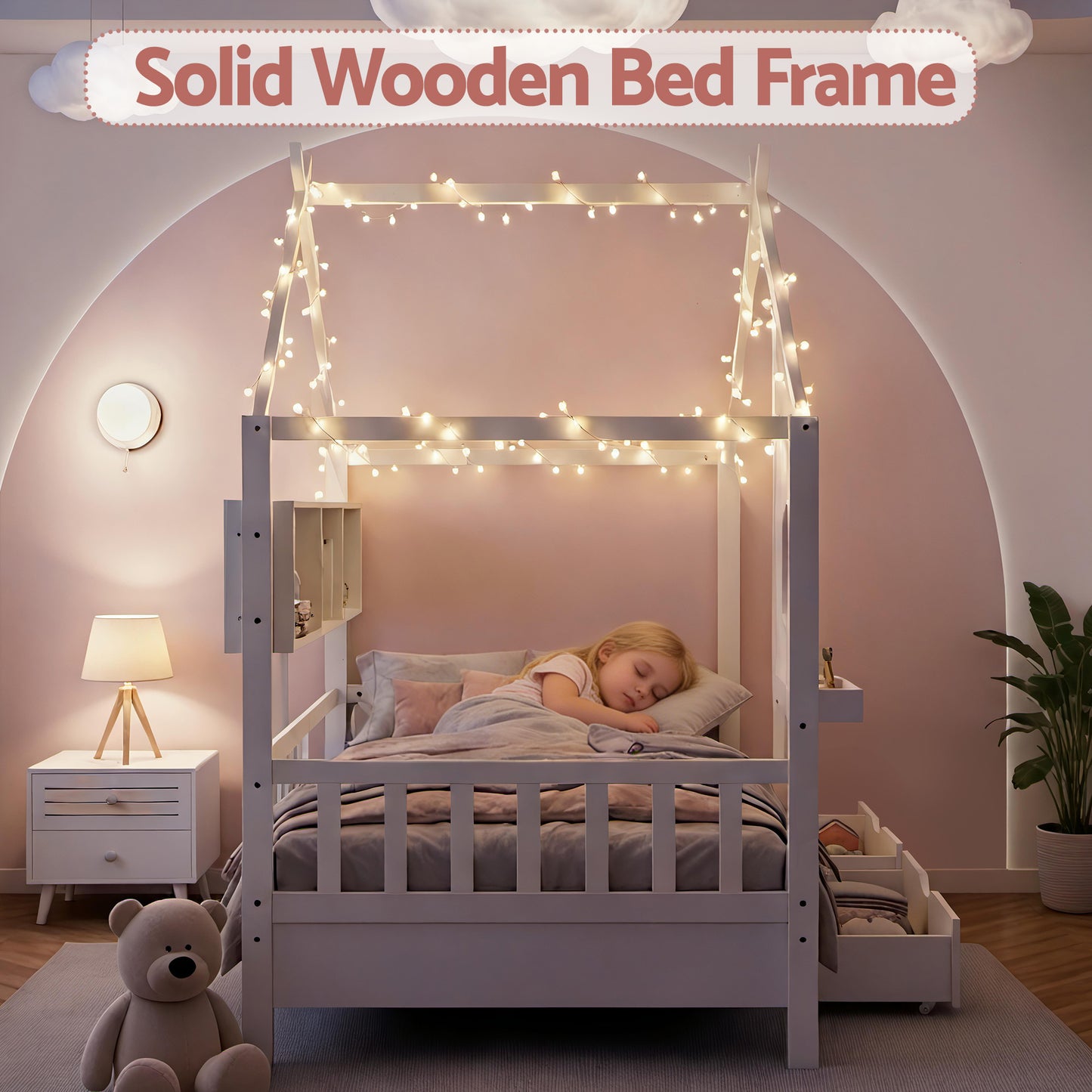 Artiss Montessori House Bed with Storage Drawers & Bookshelf – Kids Single Floor Bed Frame White