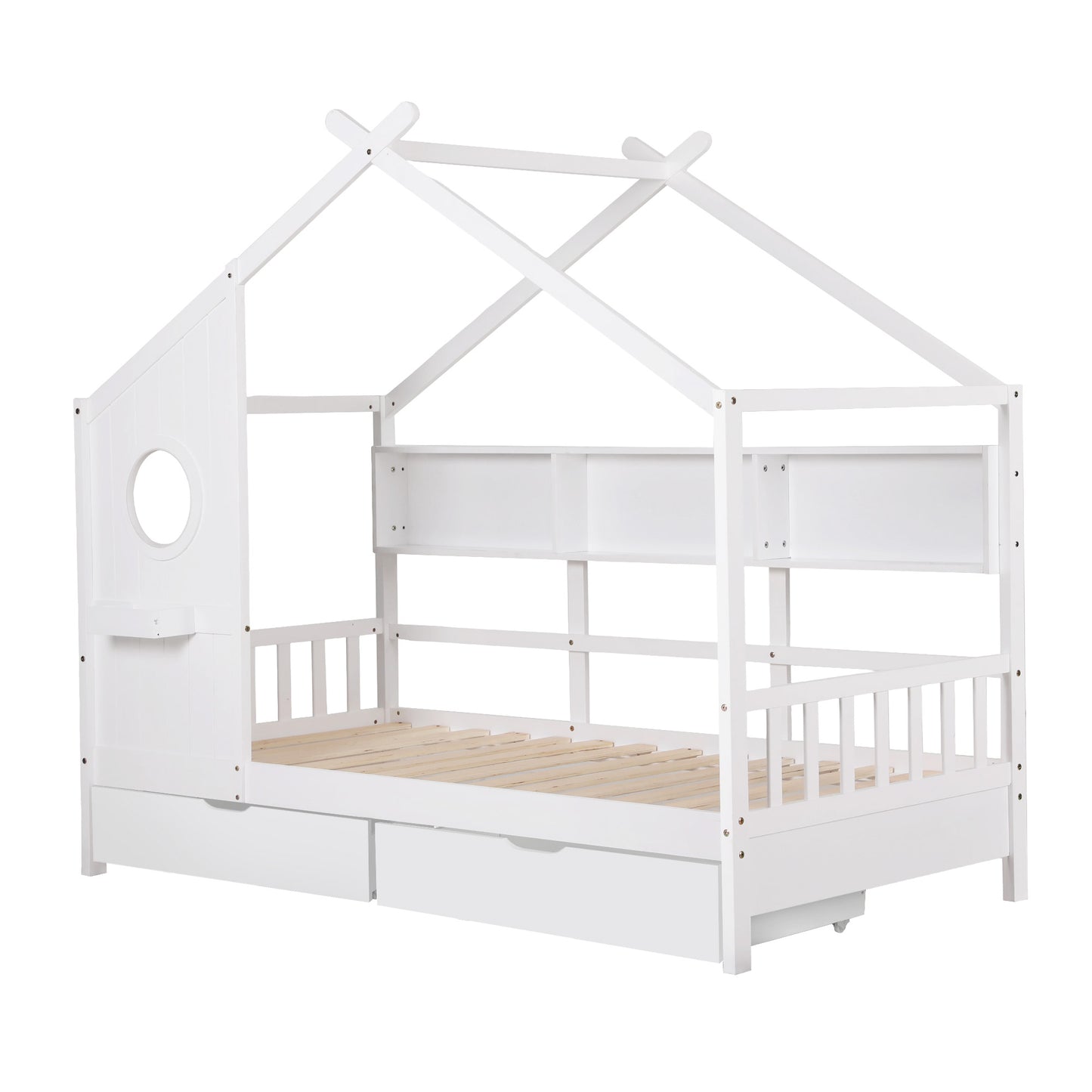 Artiss Montessori House Bed with Storage Drawers & Bookshelf – Kids Single Floor Bed Frame White
