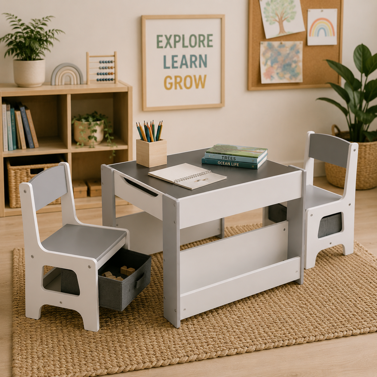 Kids Table & Chair Set with Reversible Whiteboard & Blackboard Storage Desk