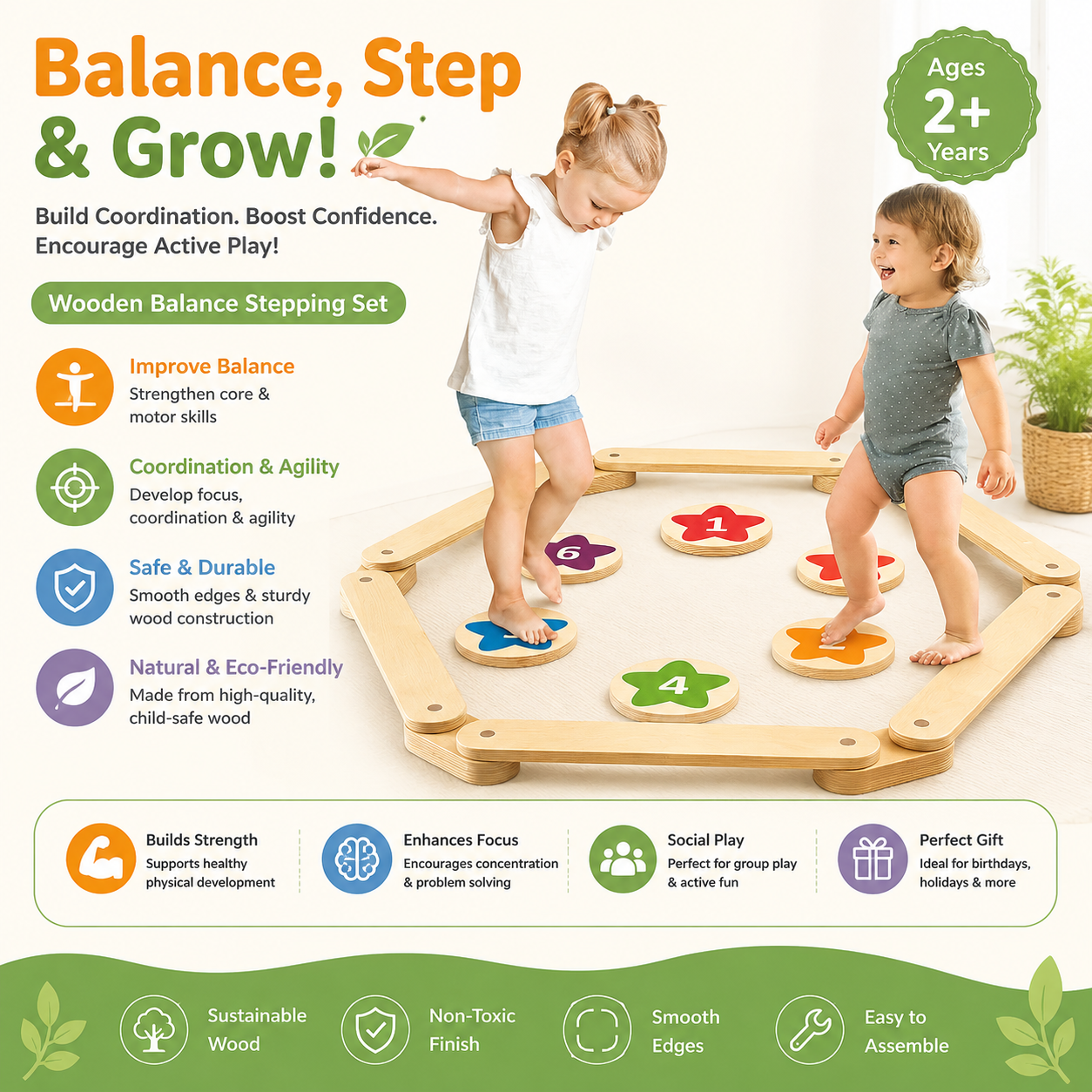 Montessori Wooden Balance Beam Set for Kids | Sensory Stepping Stones