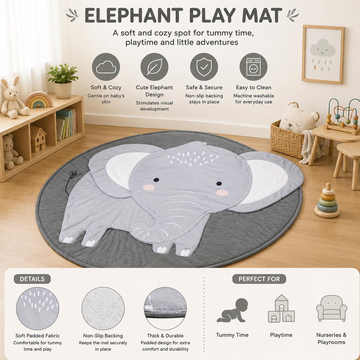 Round Baby Crawling Play Mat 90cm – Soft Padded Cotton Animal Floor Rug for Babies & Toddlers