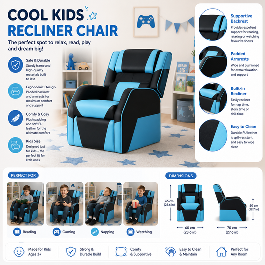 Kids Recliner Chair PU Leather Gaming Lounge Sofa with Footrest Blue
