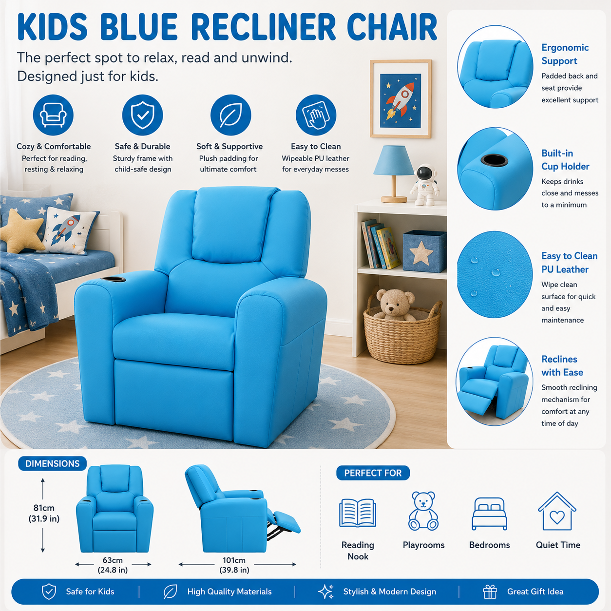 Kids PU Leather Recliner Chair – Blue Children’s Lounge Sofa with Cup Holder & Adjustable Footrest