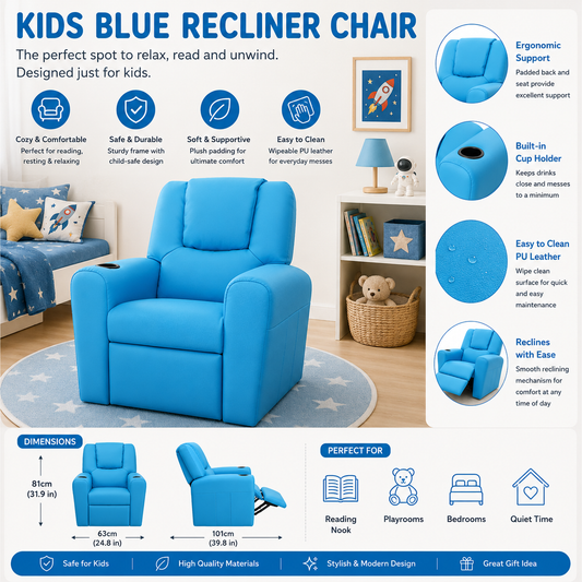 Kids PU Leather Recliner Chair – Blue Children’s Lounge Sofa with Cup Holder & Adjustable Footrest