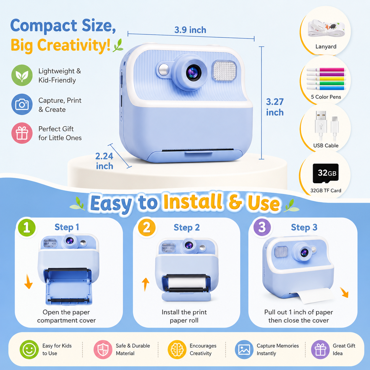 Kids Instant Print Camera 1080P HD Digital Camera with 2.4" Screen & 32GB SD Card