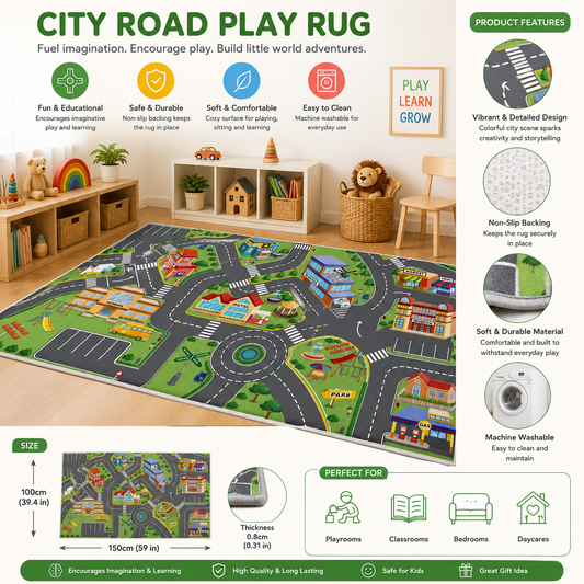 Kids City Road Play Mat 100x150cm – Soft Non-Slip Traffic Carpet Rug for Toy Cars & Educational Play