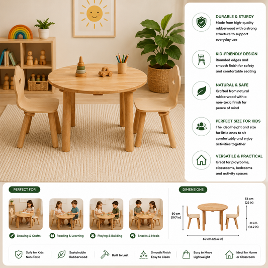 Classic Round Kids Table & 2 Chairs Set | Montessori Wooden Furniture