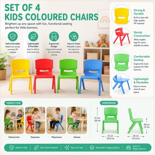 Set of 4 Kids Play Chairs – Colourful Stackable Indoor & Outdoor Children’s Chairs