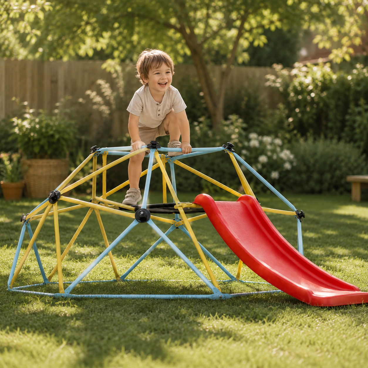 8FT Geometric Climbing Dome with Slide – Outdoor Jungle Gym for Active Play