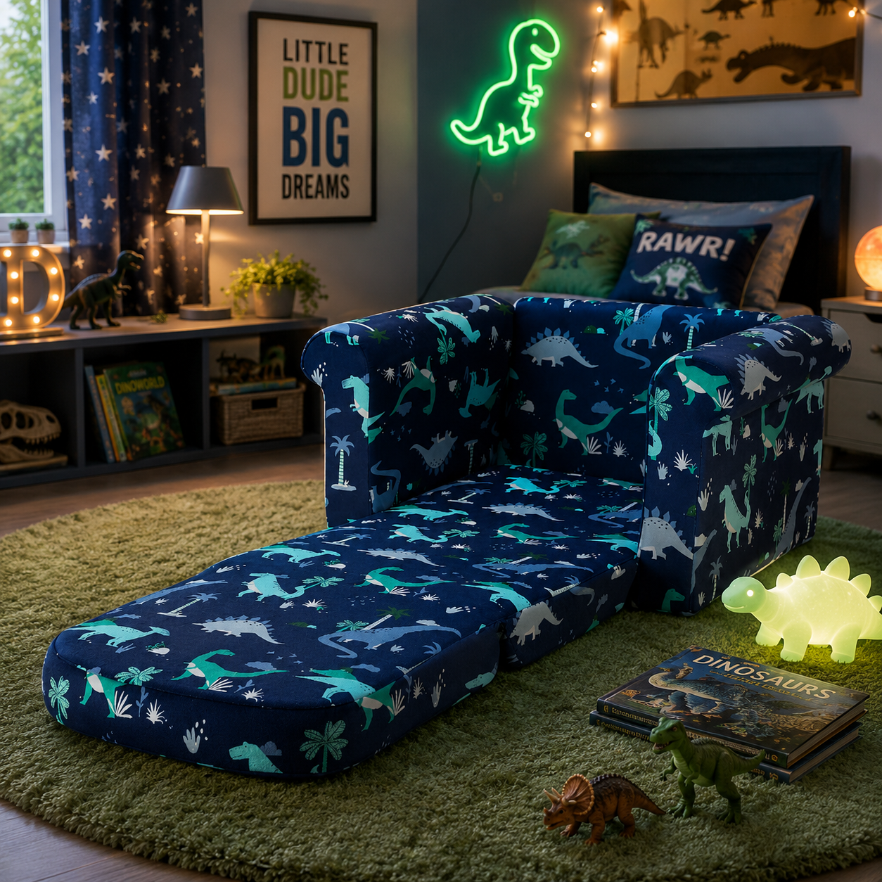 Kids Flip Out Sofa Bed 2-in-1 Children’s Couch Chair Dinosaur Navy