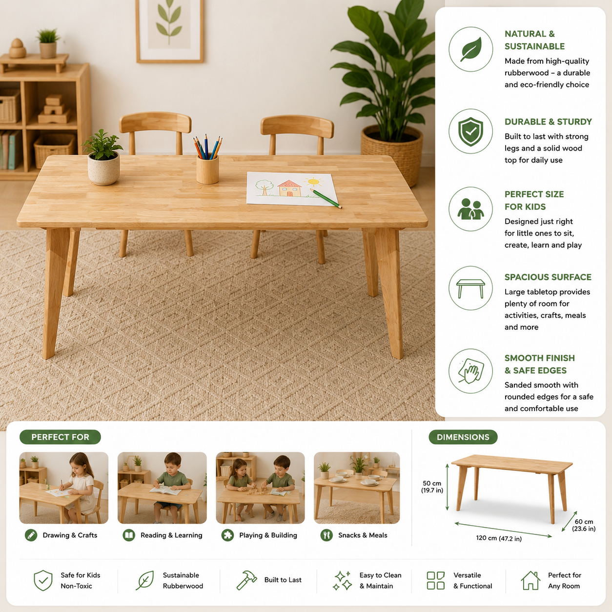 Danish Rectangular Kids Wooden Table – Rubber Wood Activity & Study Table