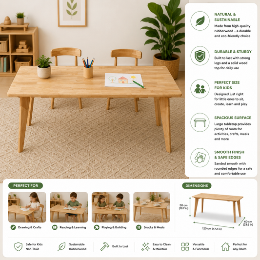 Danish Rectangular Kids Wooden Table – Rubber Wood Activity & Study Table