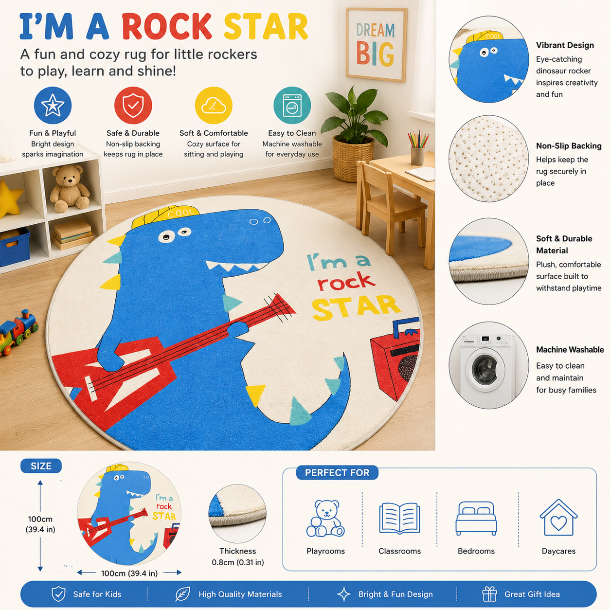 Round Dinosaur Kids Play Mat 100cm – Soft Non-Slip Nursery Rug for Baby Crawling & Bedroom Décor