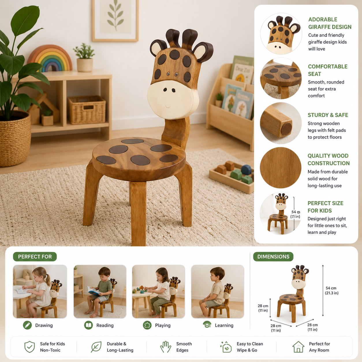 Kids Wooden Giraffe Chair Hand-Carved Solid Raintree Wood Stool