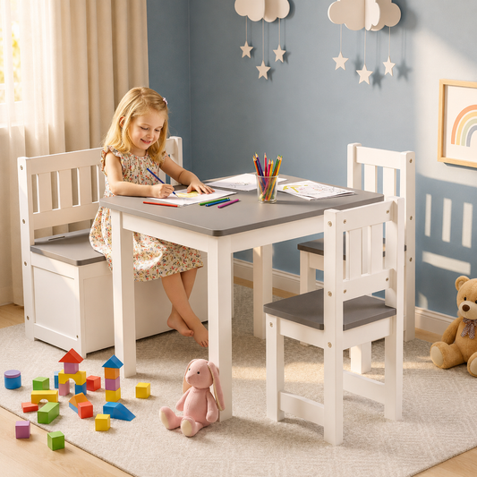 Keezi 2 in 1 Kids Table and Chair Set, Activity Table with Storage Bench and 2 Chairs for Reading, Drawing, Writing, Snack Time & Arts Crafts, 4 PCS Toddler Table and Chair Set, Grey