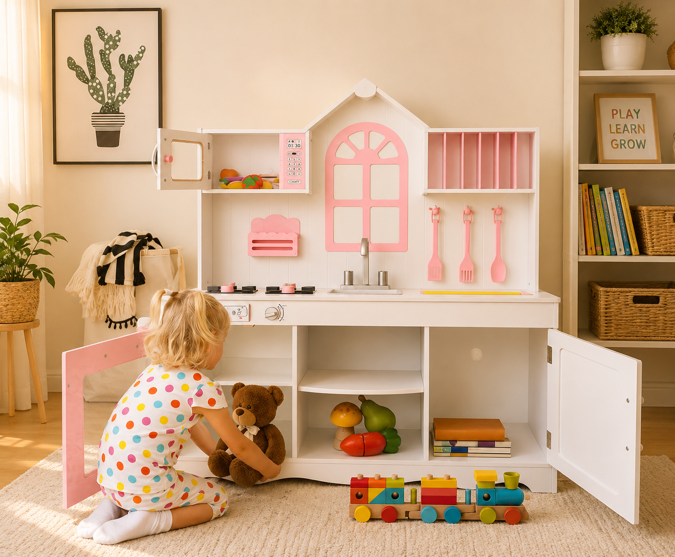Princess Wooden Kitchen Play Set – Kids Pretend Cooking Toy with Storage