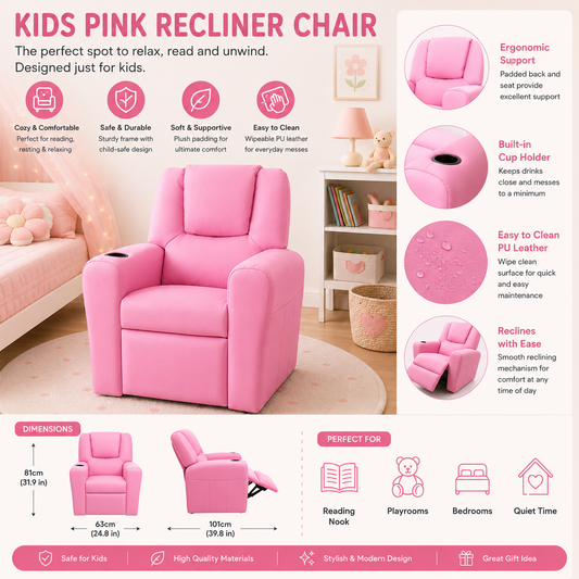 Kids PU Leather Recliner Chair – Pink Children’s Lounge Sofa with Cup Holder & Adjustable Footrest