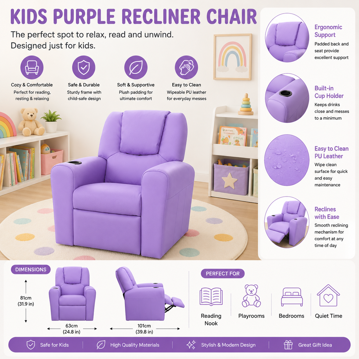 Kids PU Leather Recliner Chair – Purple Children’s Lounge Sofa with Cup Holder & Adjustable Footrest