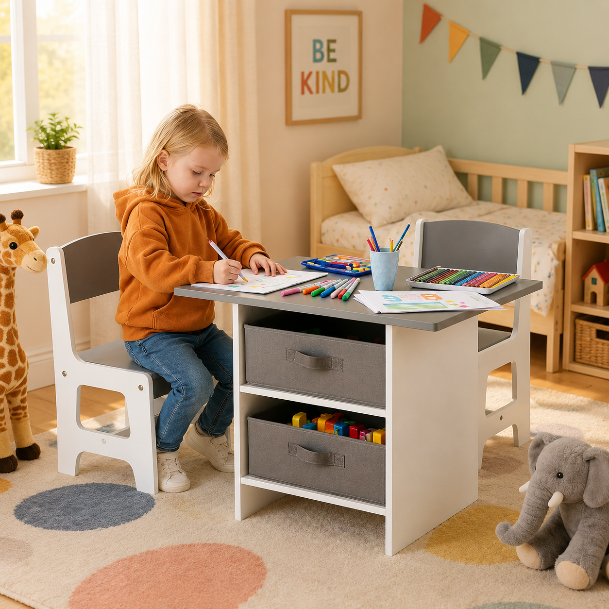 Kids Table & 2 Chairs Set with Storage Drawers – Wooden Activity Table White & Grey