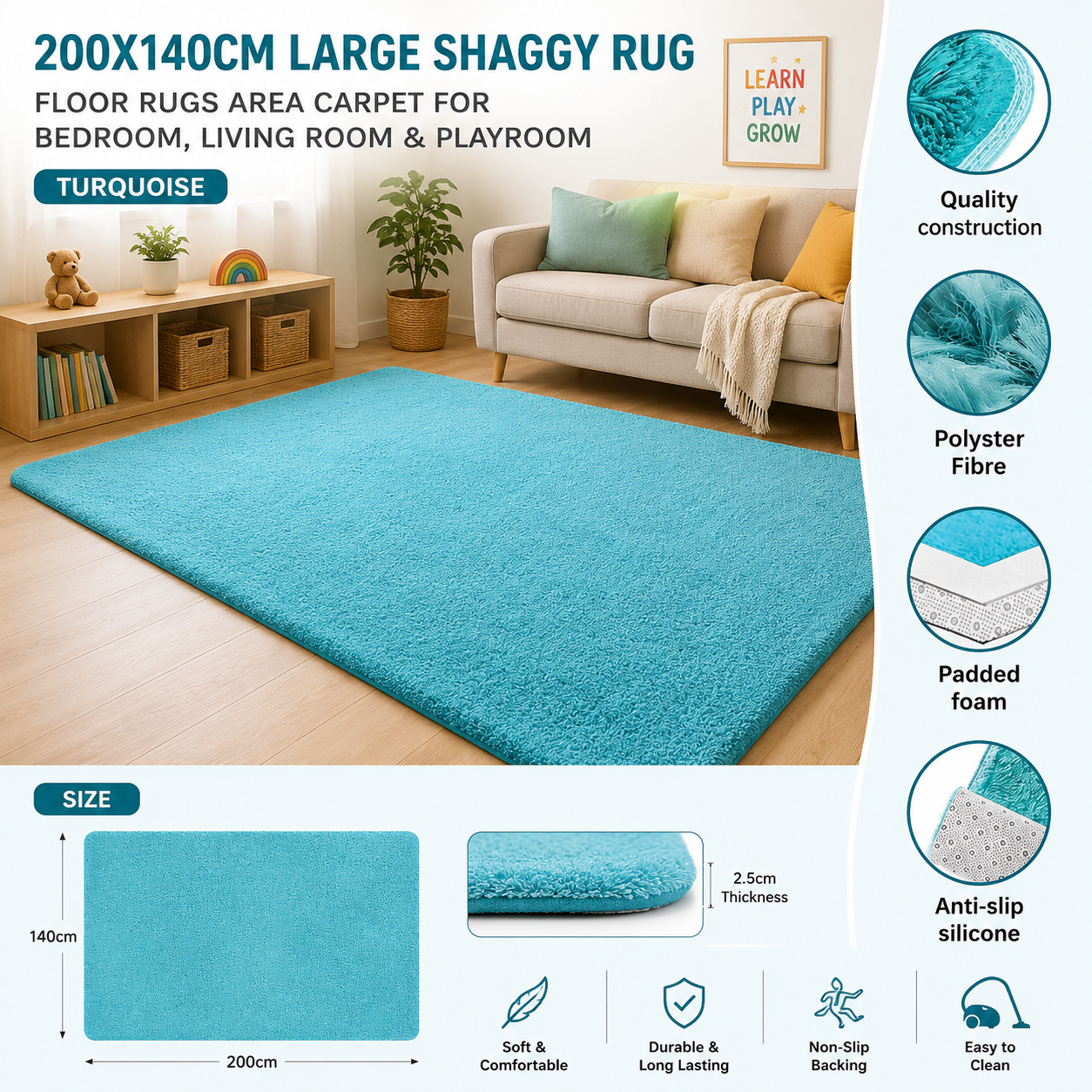 200x140cm Turquoise Shag Rug – Soft Non-Slip Plush Area Rug
