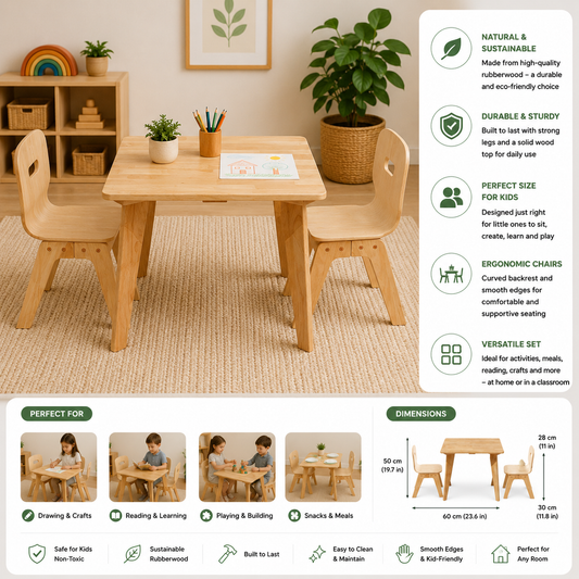 Danish Square Kids Wooden Table & 2 Chair Set – Scandinavian Style