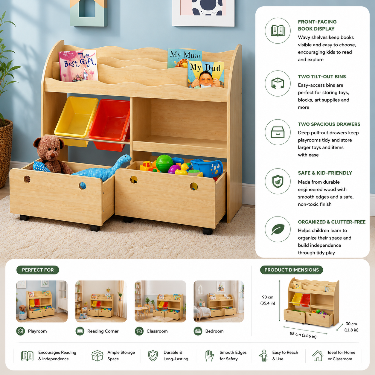 3-Tier Kids Bookshelf & Toy Storage Organiser with Drawers