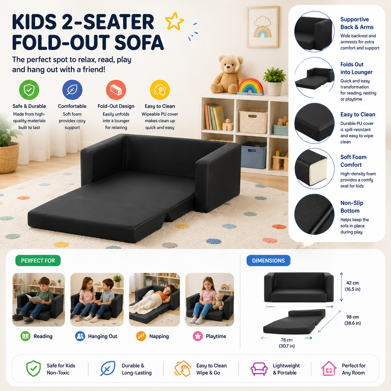 Kids Fold-Out Sofa Bed Convertible Lounge Couch Black PU Leather