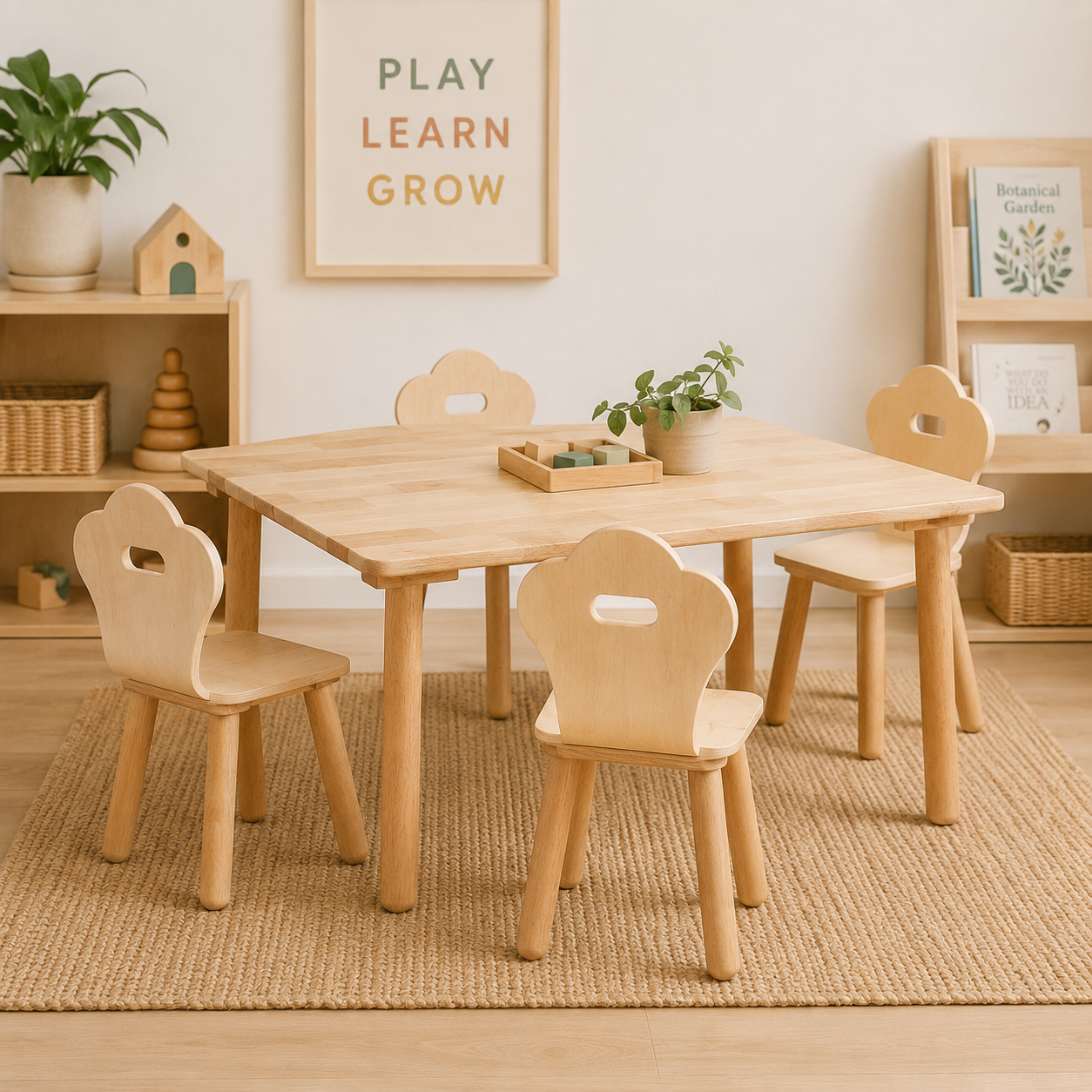 Qtoys Classic Rectangular Kids Table & 4 Chairs Set | Montessori Wooden Furniture