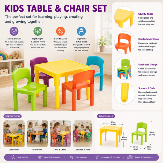 Kids Plastic 5-Piece Table & 4 Chairs Set Multicoloured Activity Play Desk